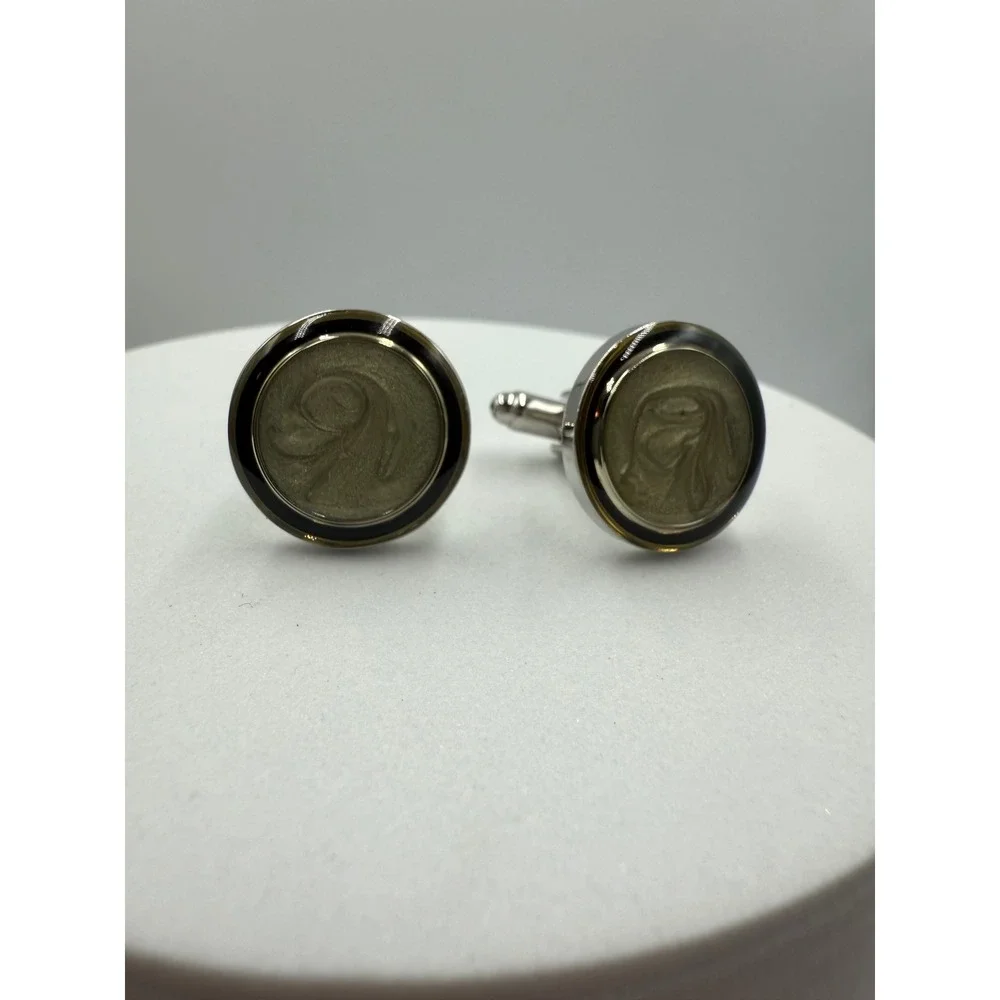 Vintage Round Silver Tone Cufflinks Swirl Center Black Enamel Border Formal Wear